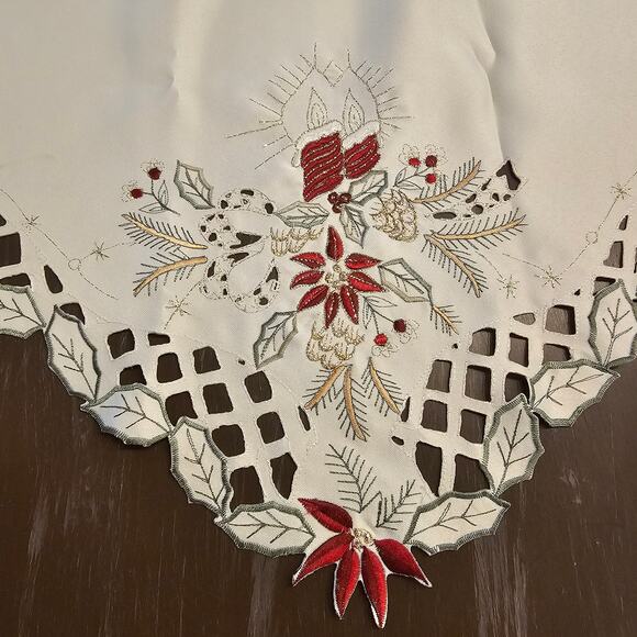 Holiday Fireplace Decor-Embroidered Poinsettias, Candles and Holly Berries 47x20 - Picture 6 of 8